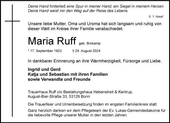 Anzeige von Maria Ruff von General-Anzeiger Bonn