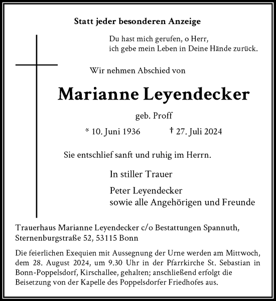 Anzeige von Marianne Leyendecker von General-Anzeiger Bonn