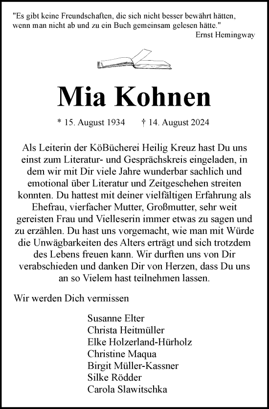 Anzeige von Mia Kohnen von General-Anzeiger Bonn