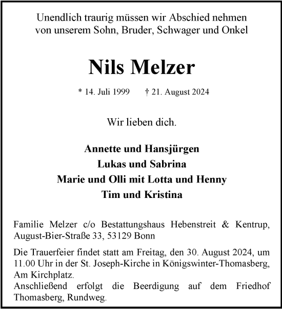 Anzeige von Nils Melzer von General-Anzeiger Bonn