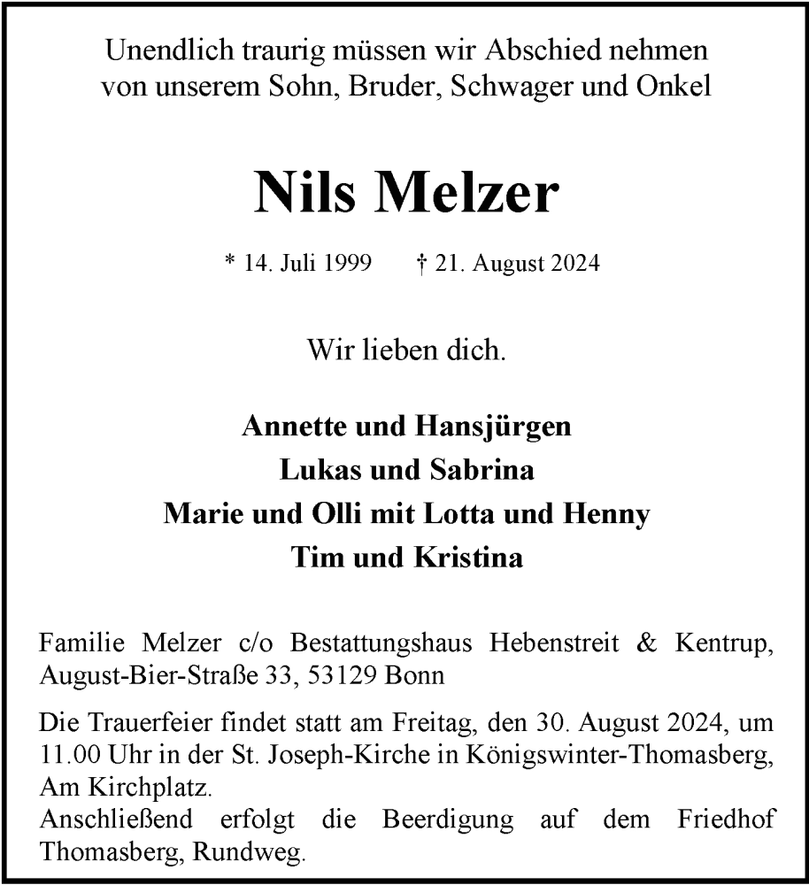  Traueranzeige für Nils Melzer vom 28.08.2024 aus General-Anzeiger Bonn