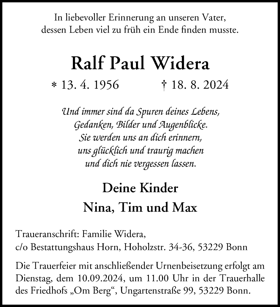  Traueranzeige für Ralf Paul Widera vom 31.08.2024 aus General-Anzeiger Bonn