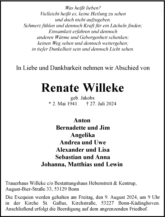 Anzeige von Renate Willeke von General-Anzeiger Bonn