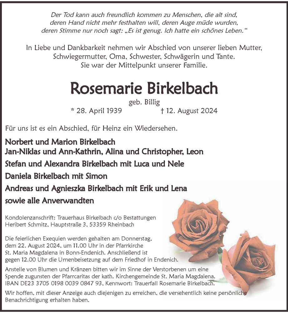  Traueranzeige für Rosemarie Birkelbach vom 17.08.2024 aus General-Anzeiger Bonn