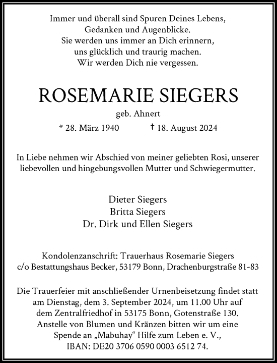 Anzeige von Rosemarie Siegers von General-Anzeiger Bonn