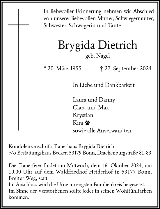 Anzeige von Brygida Dietrich von General-Anzeiger Bonn