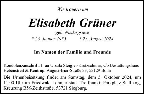 Anzeige von Elisabeth Grüner von General-Anzeiger Bonn