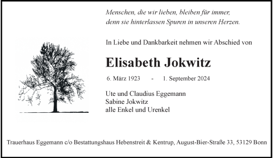 Anzeige von Elisabeth Jokwitz von General-Anzeiger Bonn