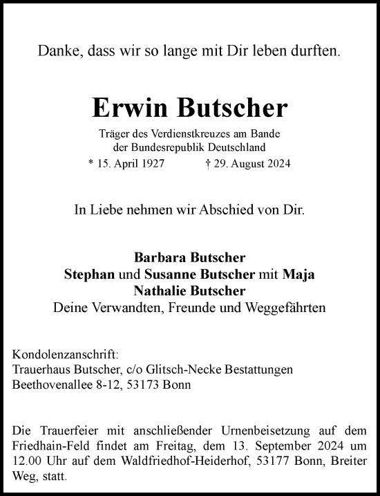 Anzeige von Erwin Butscher von General-Anzeiger Bonn