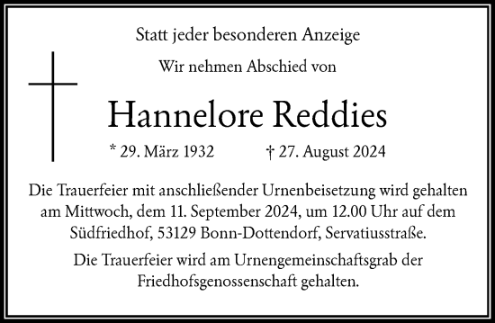 Anzeige von Hannelore Reddies von General-Anzeiger Bonn