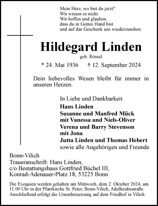 Anzeige von Hildegard Linden von General-Anzeiger Bonn