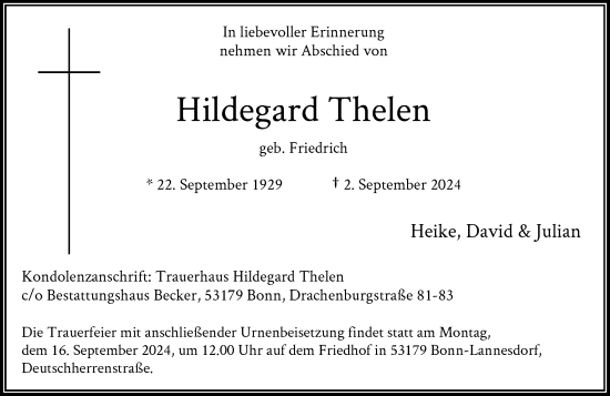 Anzeige von Hildegard Thelen von General-Anzeiger Bonn