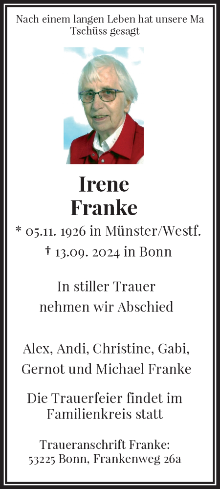 Anzeige von Irene Franke von General-Anzeiger Bonn