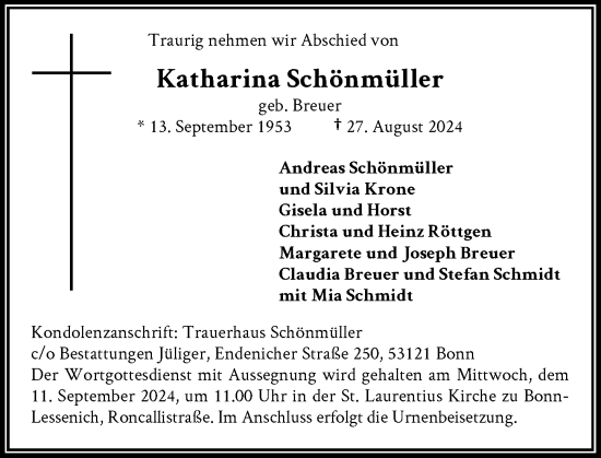 Anzeige von Katharina Schönmüller von General-Anzeiger Bonn