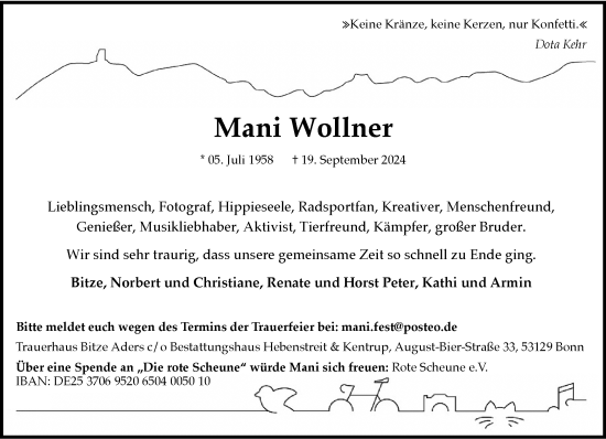 Anzeige von Mani Wollner von General-Anzeiger Bonn