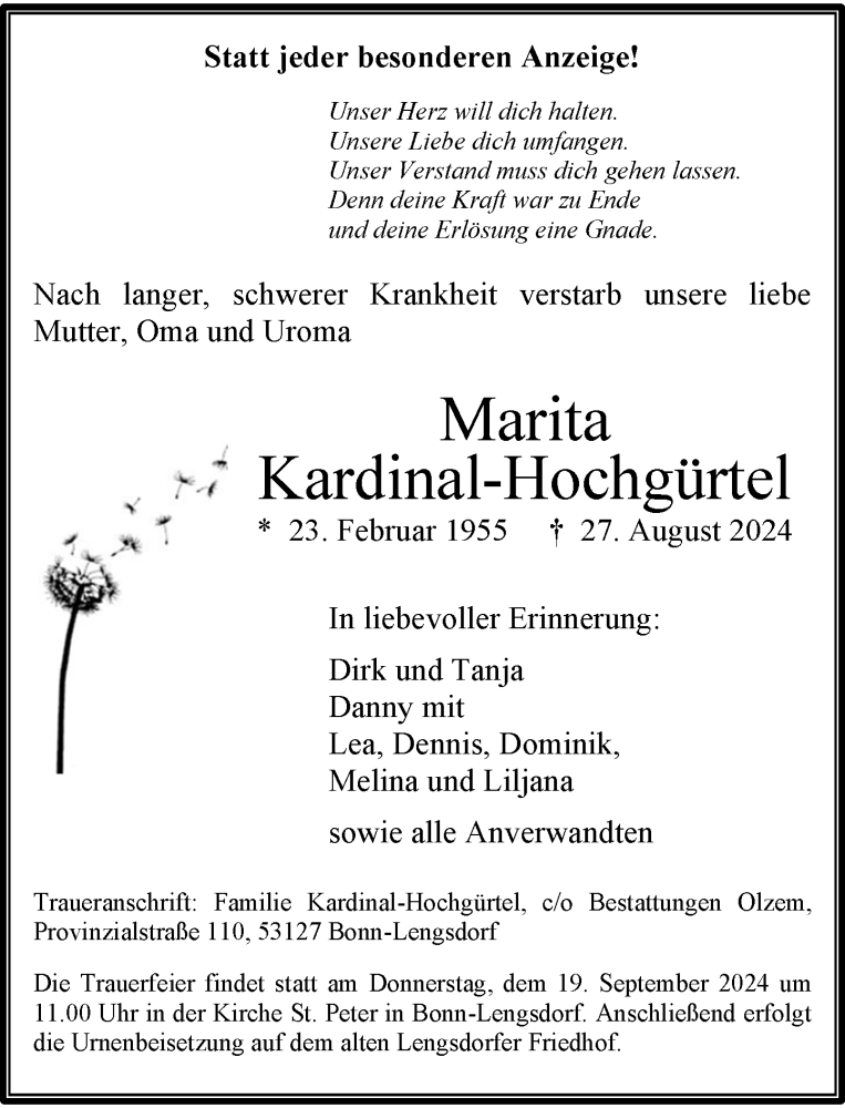  Traueranzeige für Marita Kardinal-Hochgürtel vom 07.09.2024 aus General-Anzeiger Bonn