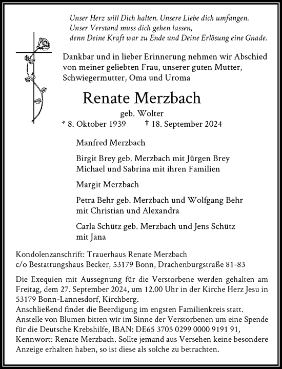 Anzeige von Renate Merzbach von General-Anzeiger Bonn