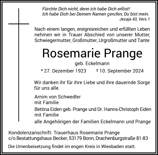 Anzeige von Rosemarie Prange von General-Anzeiger Bonn