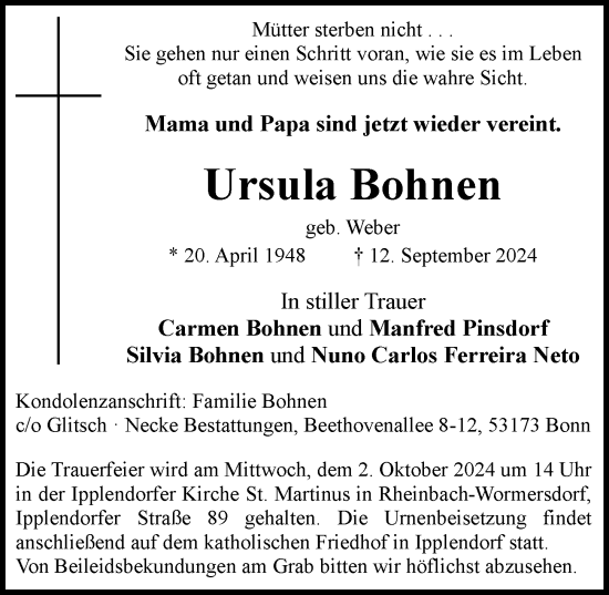 Anzeige von Ursula Bohnen von General-Anzeiger Bonn