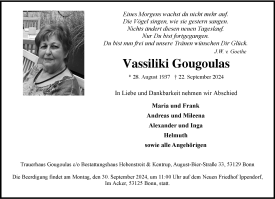 Anzeige von Vassiliki Gougoulas von General-Anzeiger Bonn