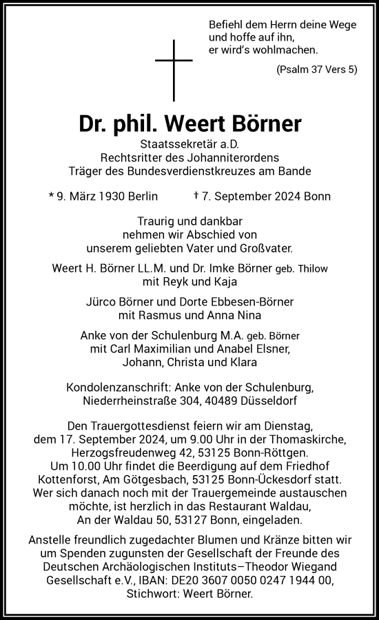 Anzeige von Weert Börner von General-Anzeiger Bonn