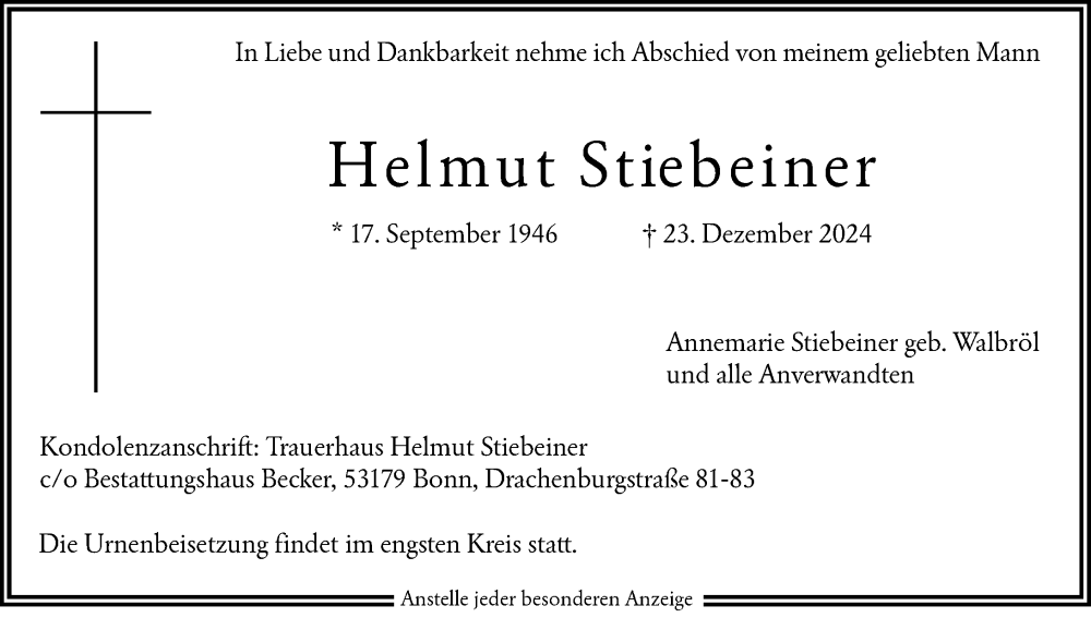  Traueranzeige für Helmut Stiebeiner vom 04.01.2025 aus General-Anzeiger Bonn
