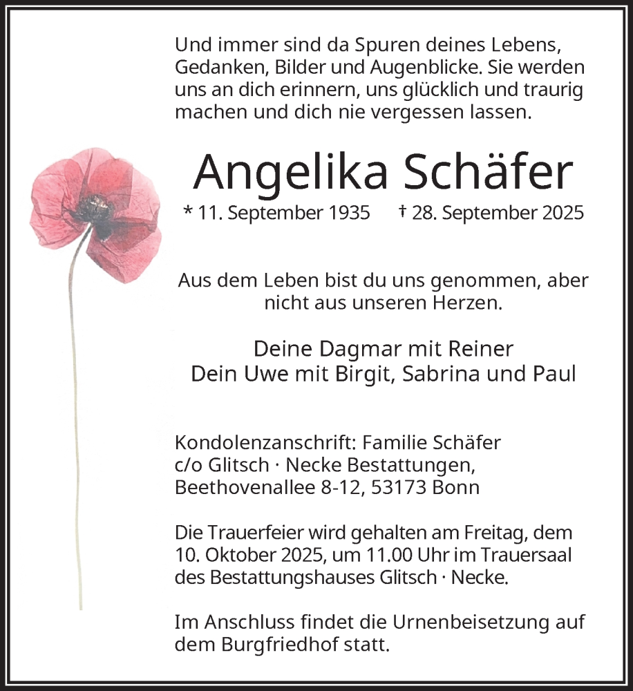  Traueranzeige für Angelika Schäfer vom 04.10.2025 aus General-Anzeiger Bonn