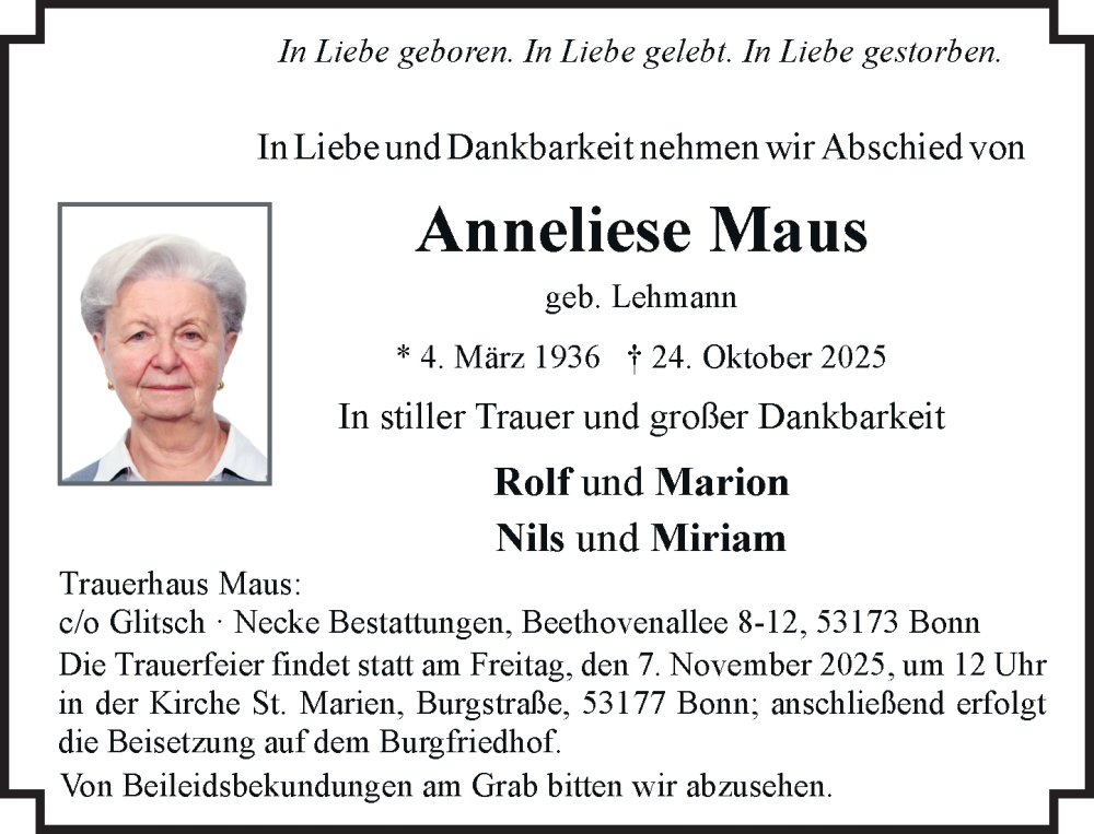  Traueranzeige für Anneliese Maus vom 01.11.2025 aus General-Anzeiger Bonn