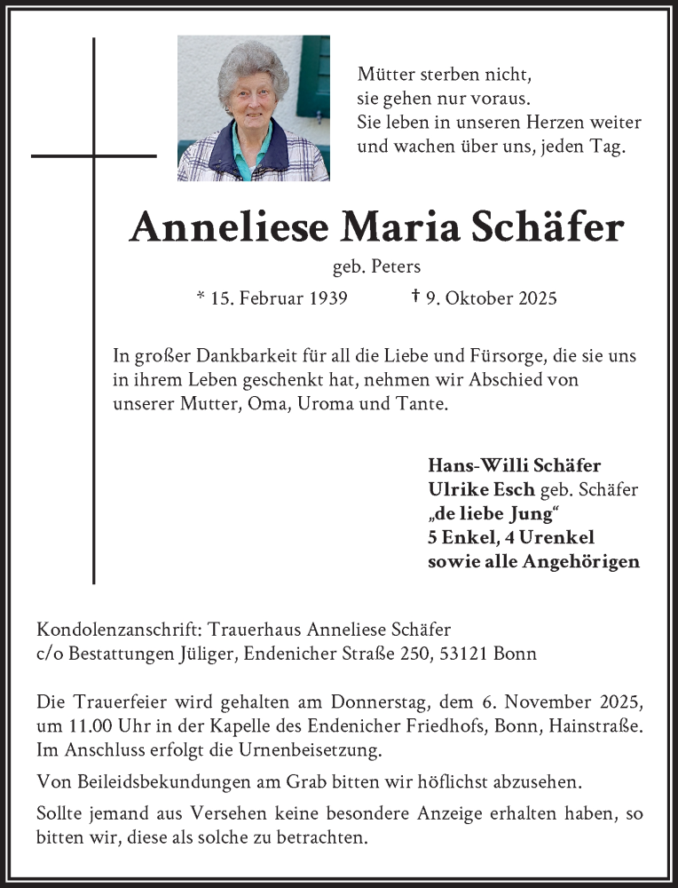  Traueranzeige für Anneliese Maria Schäfer vom 25.10.2025 aus General-Anzeiger Bonn