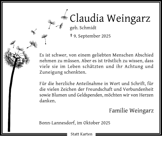 Anzeige von Claudia Weingarz von General-Anzeiger Bonn