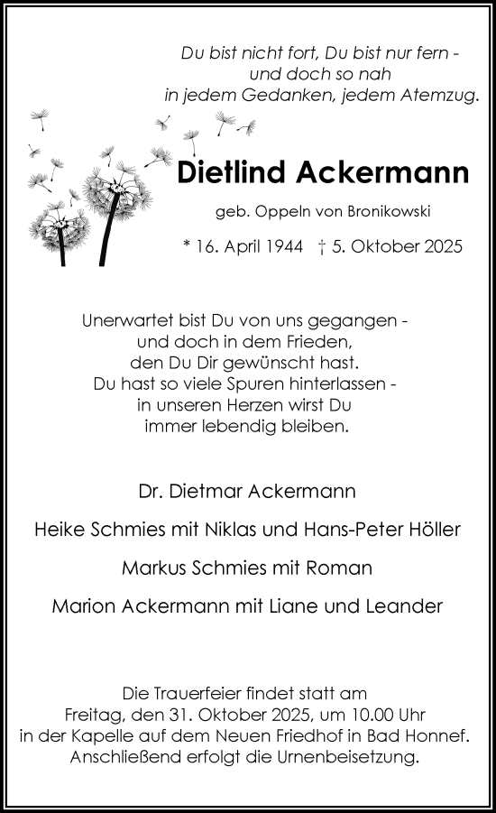 Anzeige von Dietlind Ackermann von General-Anzeiger Bonn