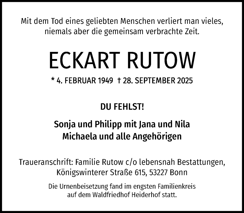  Traueranzeige für Eckart Rutow vom 25.10.2025 aus General-Anzeiger Bonn