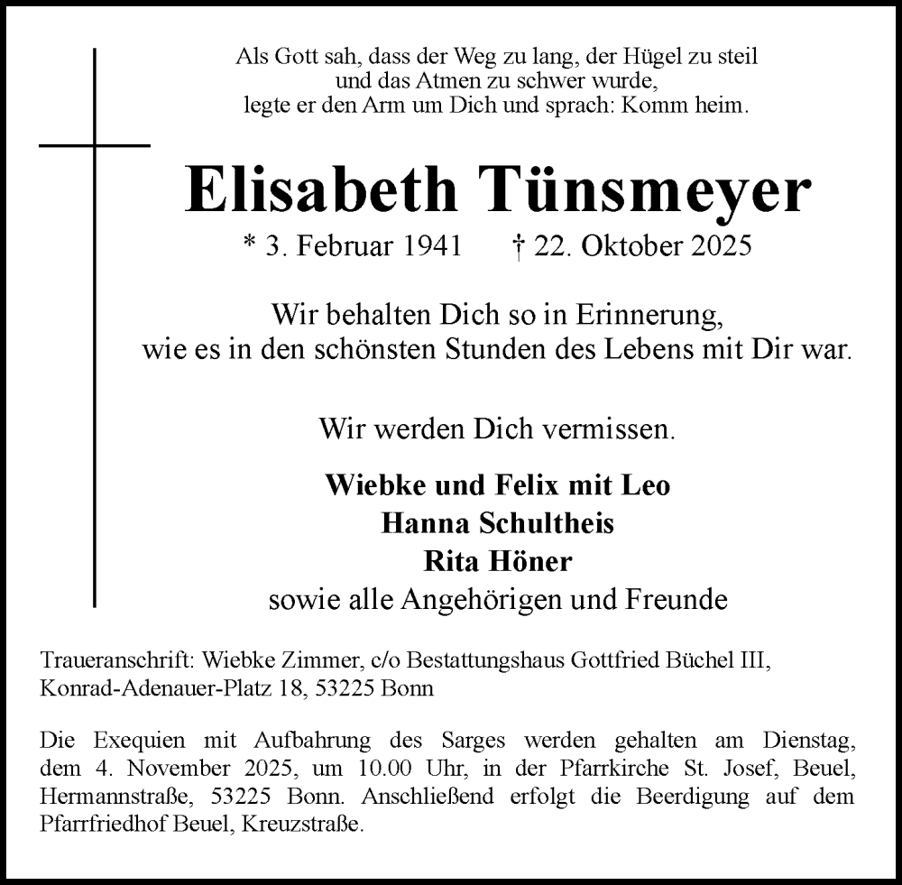  Traueranzeige für Elisabeth Tünsmeyer vom 25.10.2025 aus General-Anzeiger Bonn