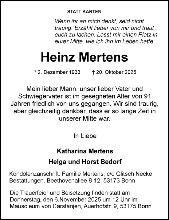 Anzeige von Heinz Mertens von General-Anzeiger Bonn