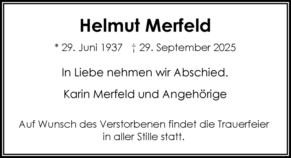  Traueranzeige für Helmut Merfeld vom 01.11.2025 aus General-Anzeiger Bonn