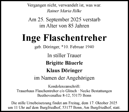 Anzeige von Inge Flaschentreher von General-Anzeiger Bonn