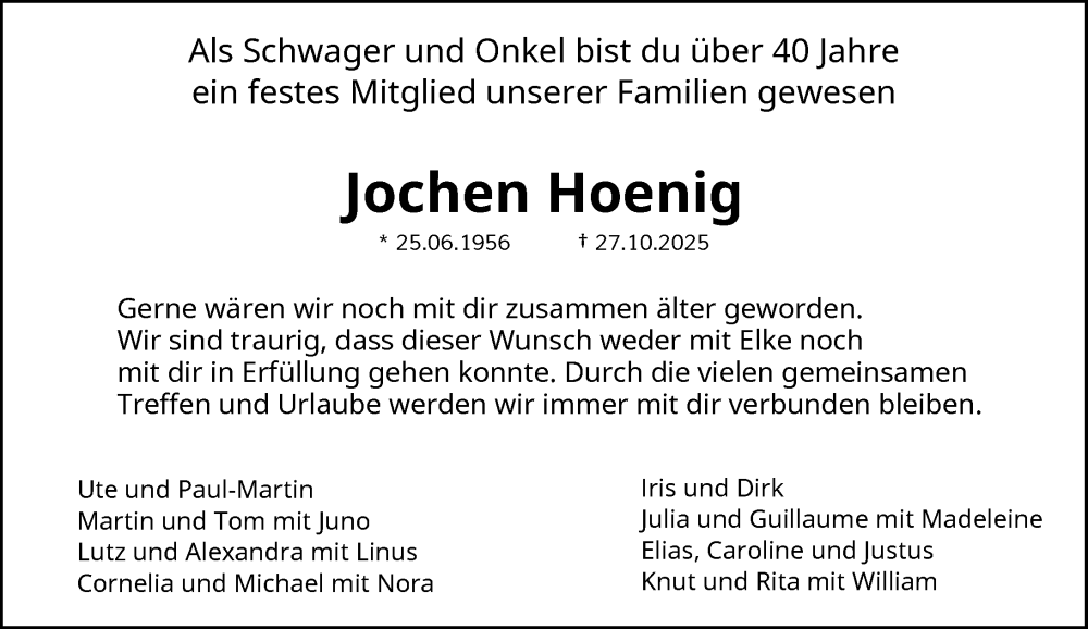  Traueranzeige für Jochen Hoenig vom 01.11.2025 aus General-Anzeiger Bonn