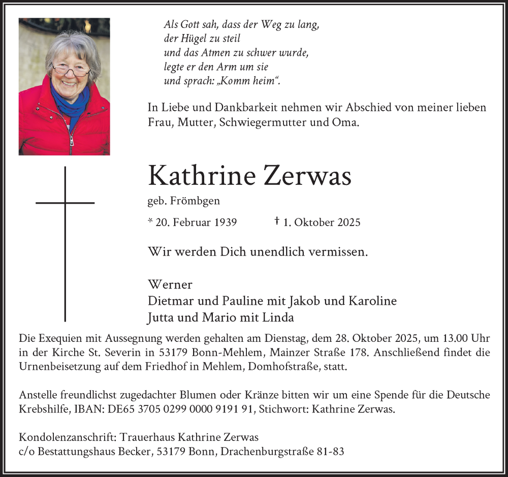  Traueranzeige für Kathrine Zerwas vom 18.10.2025 aus General-Anzeiger Bonn