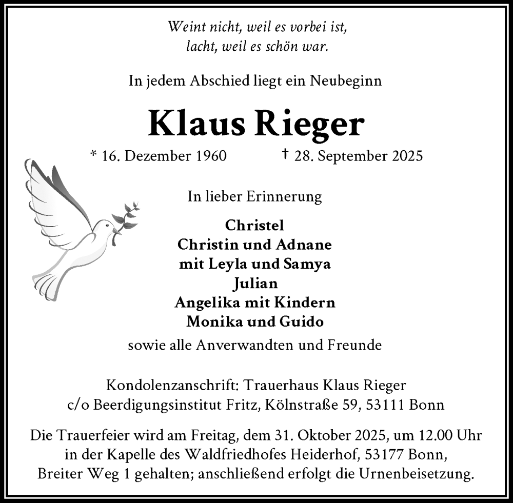  Traueranzeige für Klaus Rieger vom 25.10.2025 aus General-Anzeiger Bonn