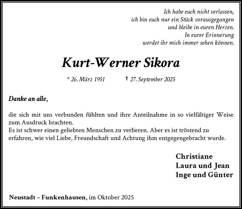  Traueranzeige für Kurt-Werner Sikora vom 31.10.2025 aus General-Anzeiger Bonn