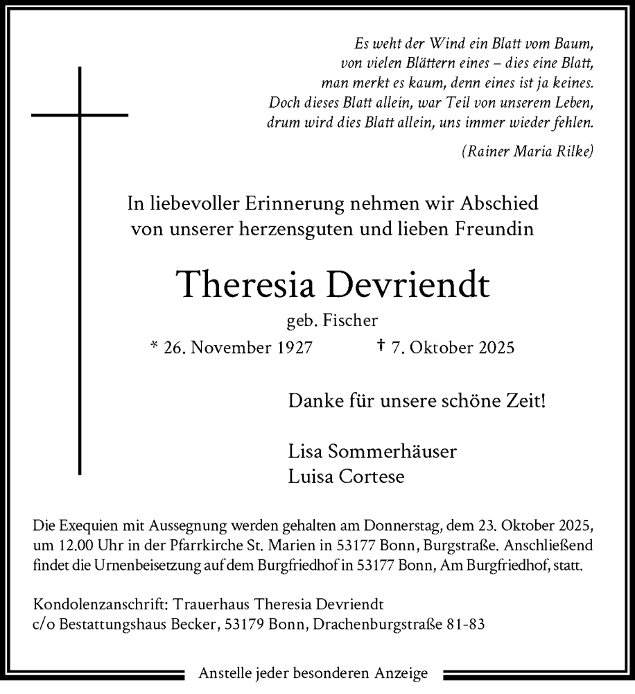  Traueranzeige für Theresia Devriendt vom 11.10.2025 aus General-Anzeiger Bonn