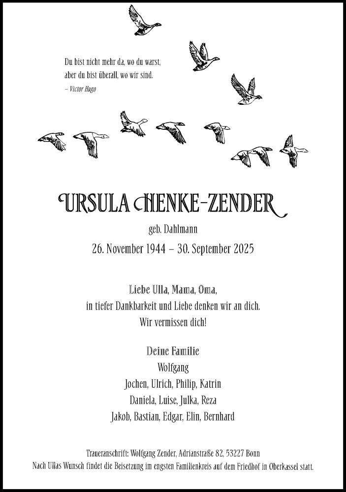  Traueranzeige für Ursula Henke-Zender vom 18.10.2025 aus General-Anzeiger Bonn