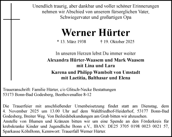 Anzeige von Werner Hürter von General-Anzeiger Bonn