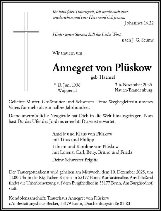 Anzeige von Annegret von Plüskow von General-Anzeiger Bonn