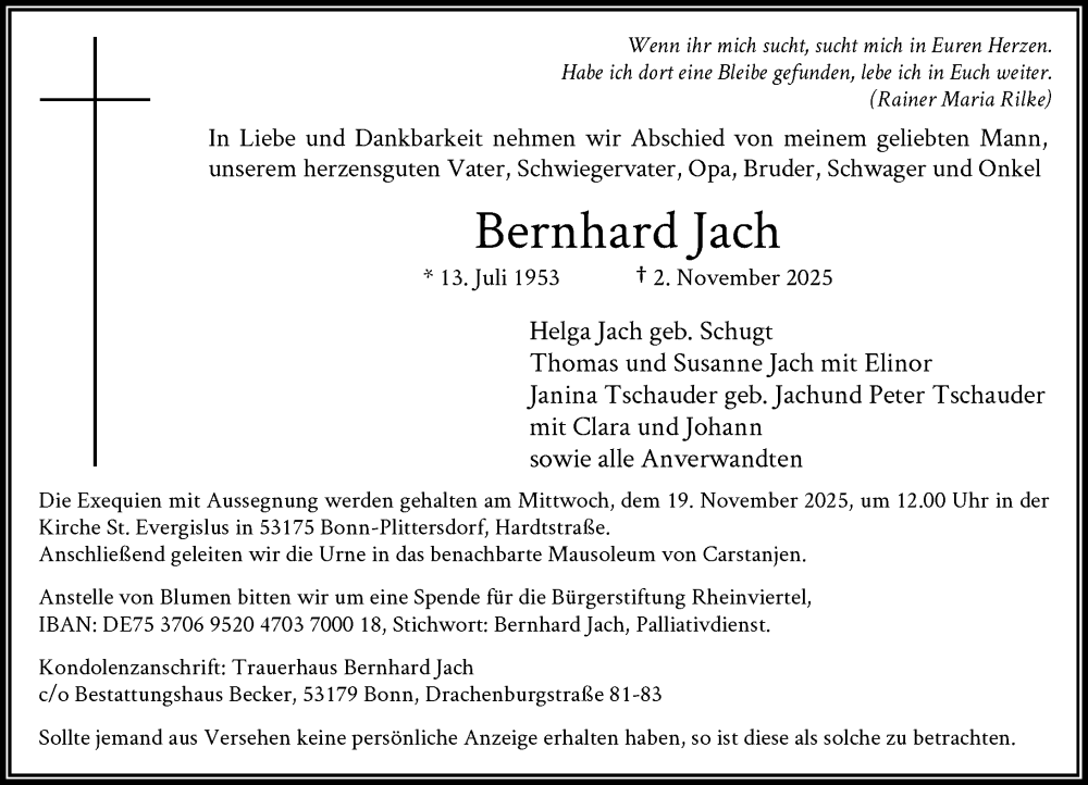  Traueranzeige für Bernhard Jach vom 08.11.2025 aus General-Anzeiger Bonn