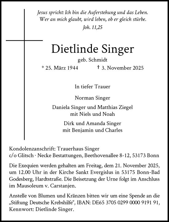 Anzeige von Dietlinde Singer von General-Anzeiger Bonn