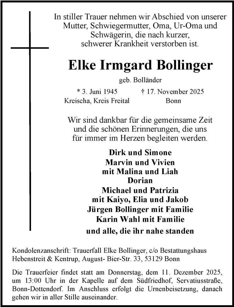 Traueranzeige für Elke Irmgard Bollinger vom 29.11.2025 aus General-Anzeiger Bonn