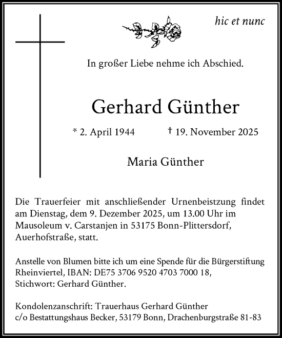 Anzeige von Gerhard Günther von General-Anzeiger Bonn