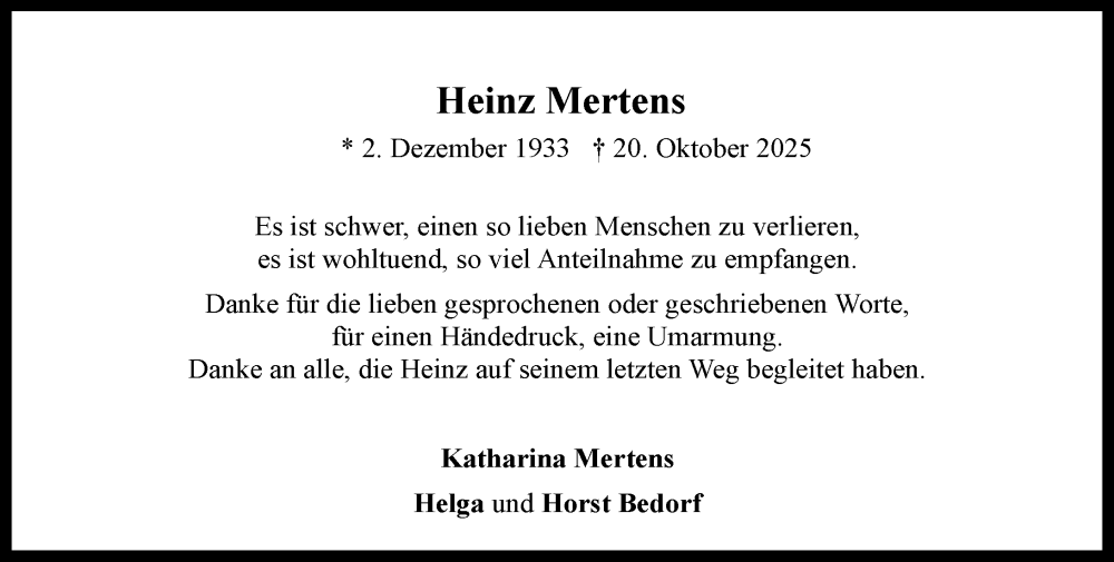  Traueranzeige für Heinz Mertens vom 29.11.2025 aus General-Anzeiger Bonn