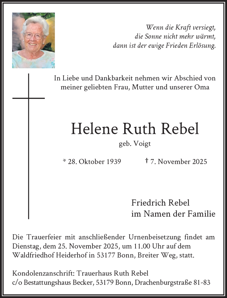  Traueranzeige für Helene Ruth Rebel vom 15.11.2025 aus General-Anzeiger Bonn